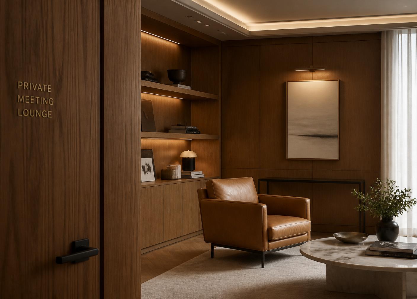 Een private vergaderlounge in warm eiken en leder